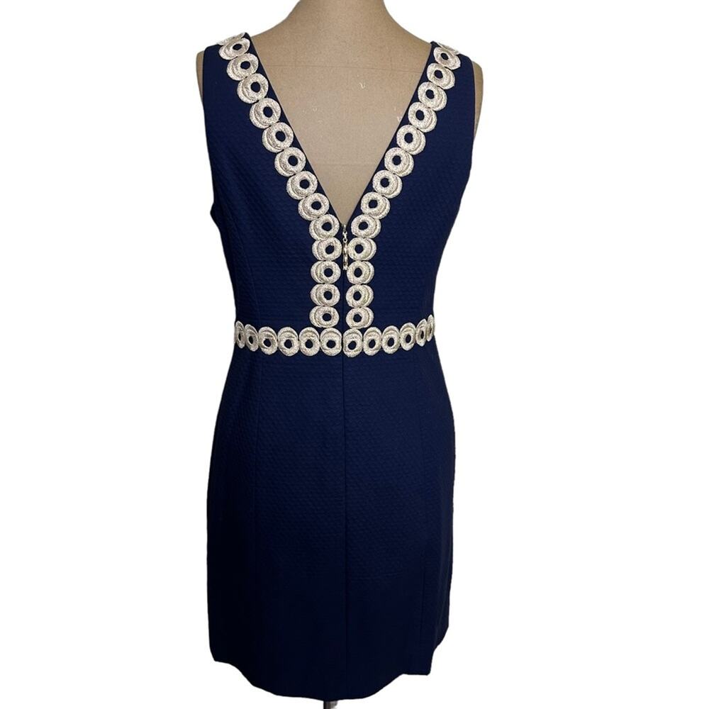Lilly Pulitzer Mini Dress Gold Embroidered Trim Navy Blue Textured Cotton 0 - Picture 6 of 10